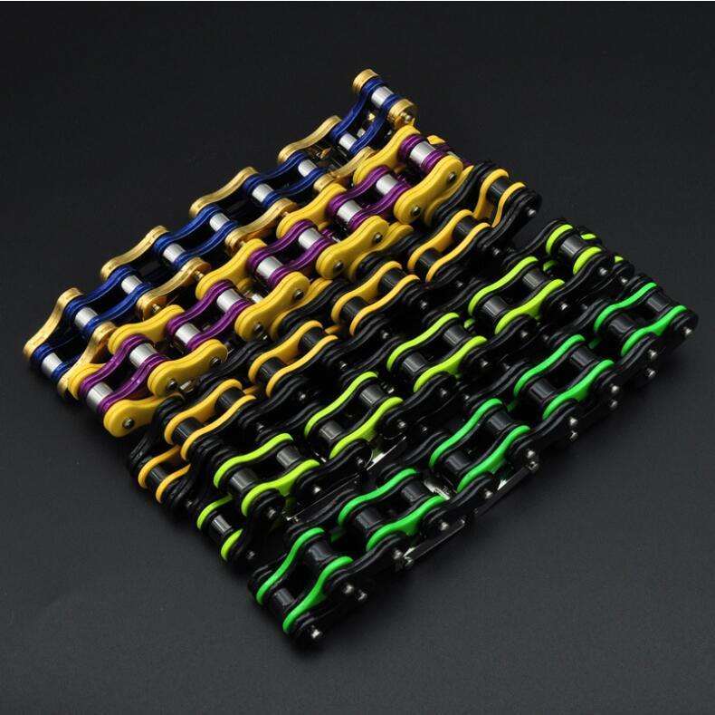 Colorful motorcycle chain bracelet showcasing vibrant colors in stainless steel design.