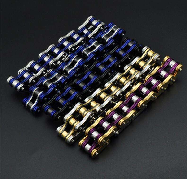 Colorful motorcycle chain bracelet in multiple colors including blue, black, gold, and purple, showcasing durable design.