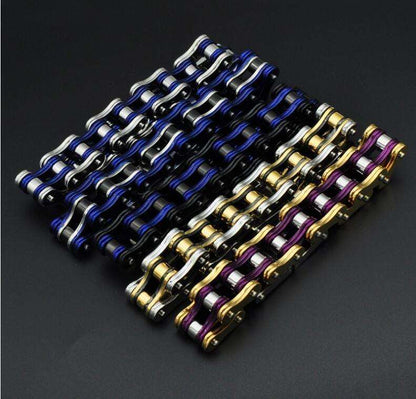 Colorful motorcycle chain bracelet in multiple colors including blue, black, gold, and purple, showcasing durable design.