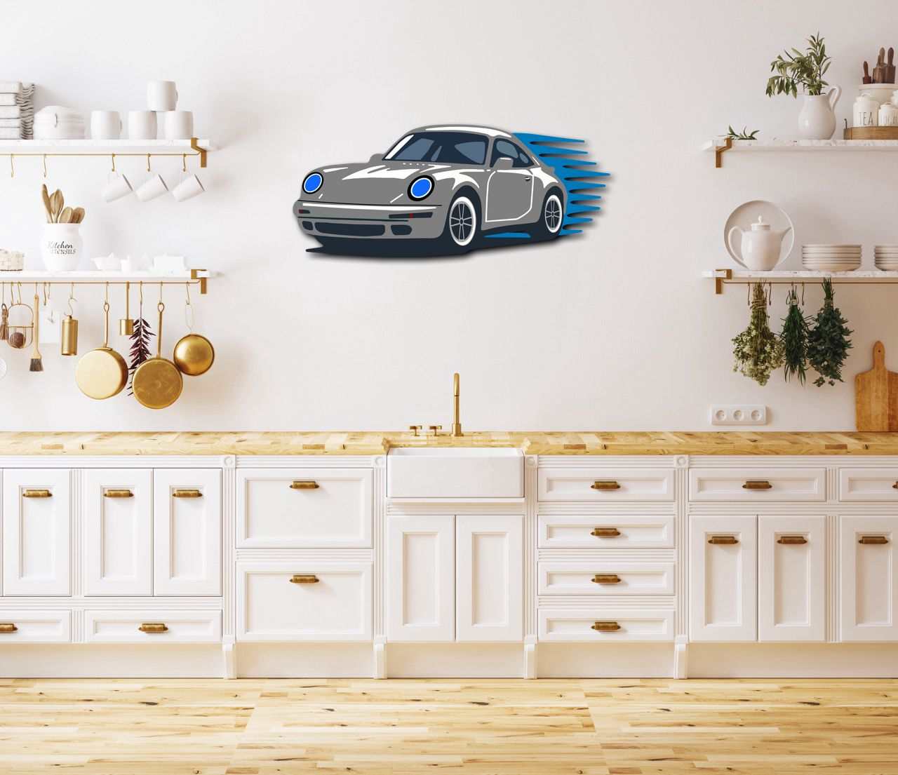 Garage wall decor steel art featuring a multicolor performance coupe silhouette mounted on a white kitchen wall