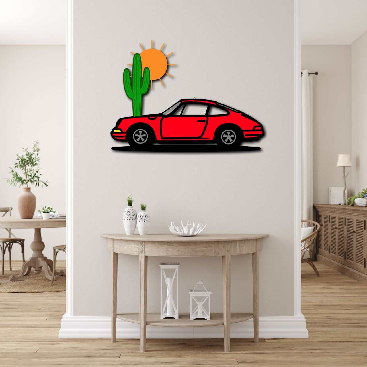 Desert sunset sports car metal wall sign with cactus and sun indoor outdoor decor