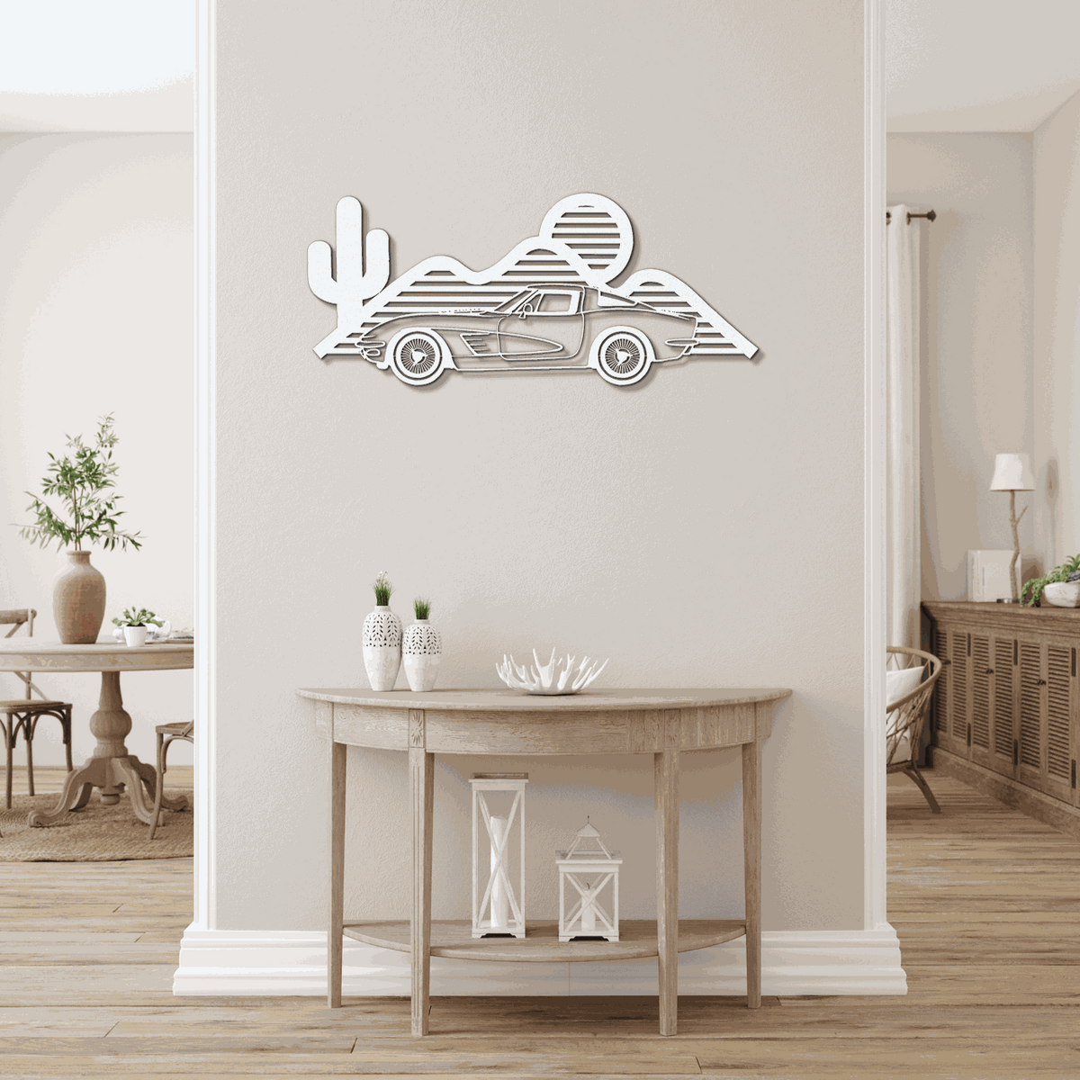 Laser-cut Corvette silhouette wall art in powder-coated steel for automotive-themed decor