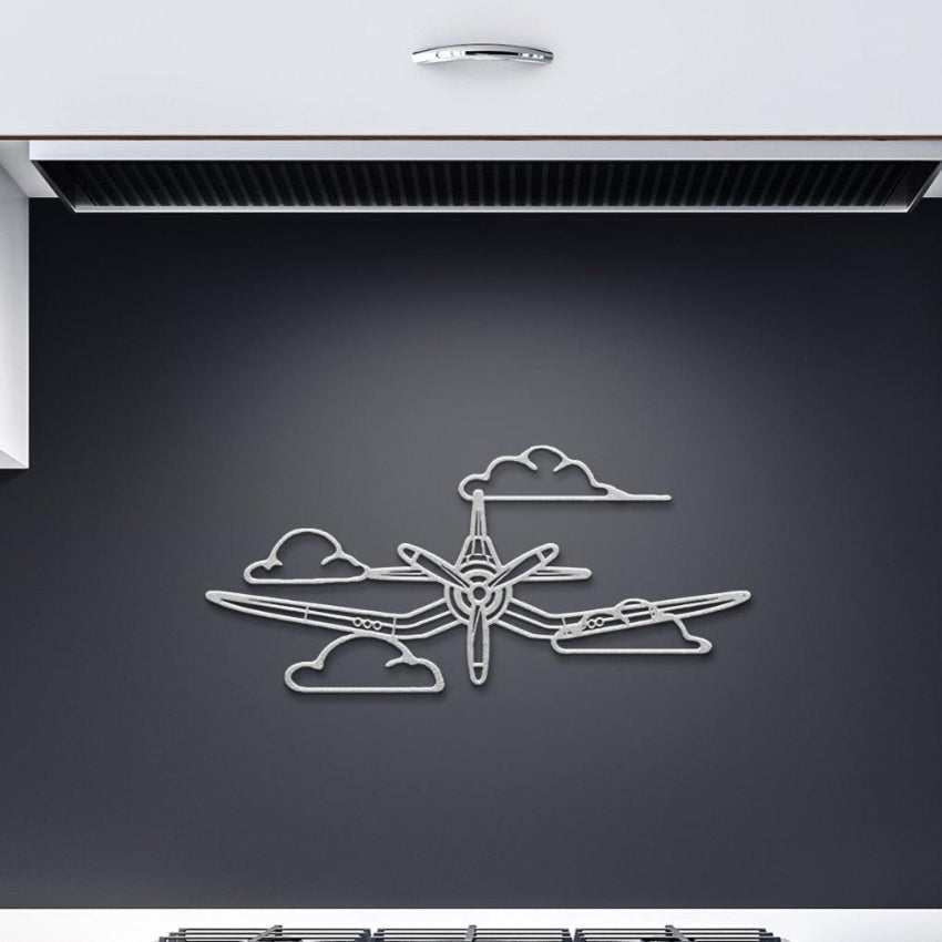F4U Clouds WWII Corsair metal wall art in steel silhouette with stylized clouds, weather-resistant finish, ideal for aviation decor.