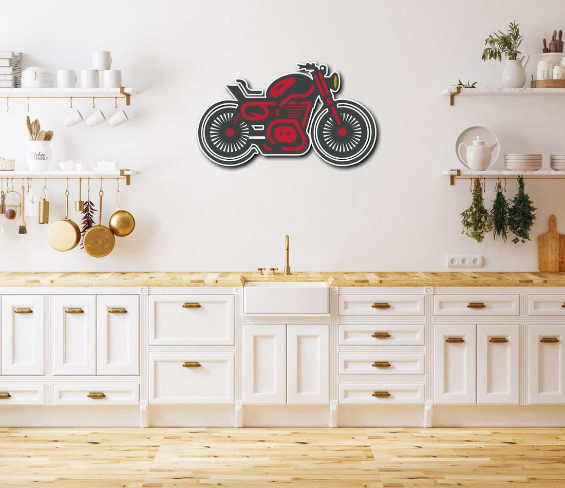 Red and black motorcycle metal wall art mounted above white kitchen cabinets decor