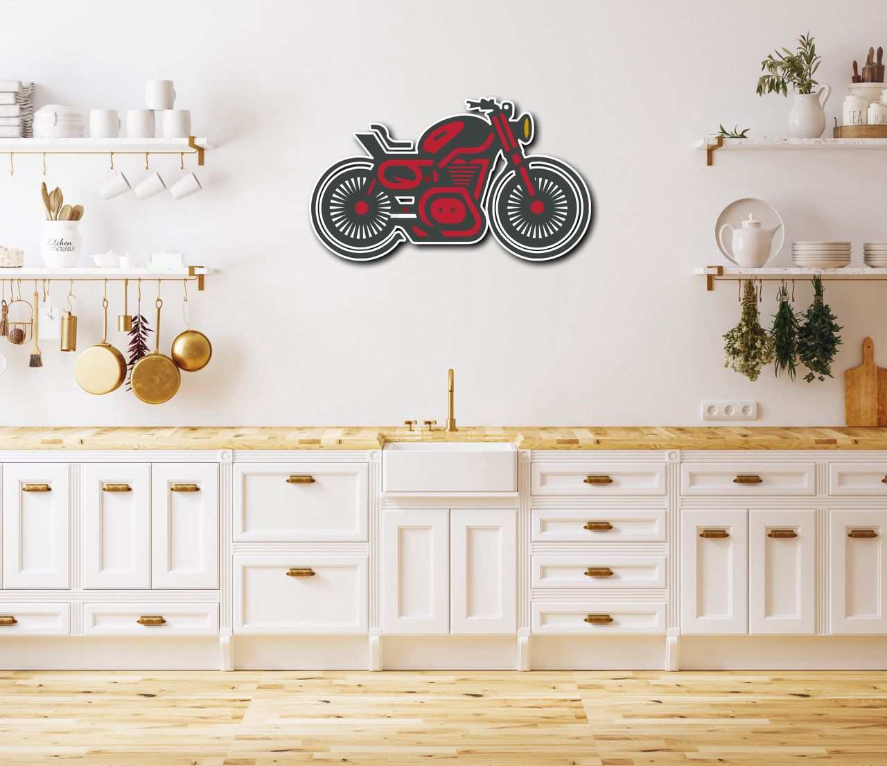 Red and black motorcycle metal wall art mounted above white kitchen cabinets decor
