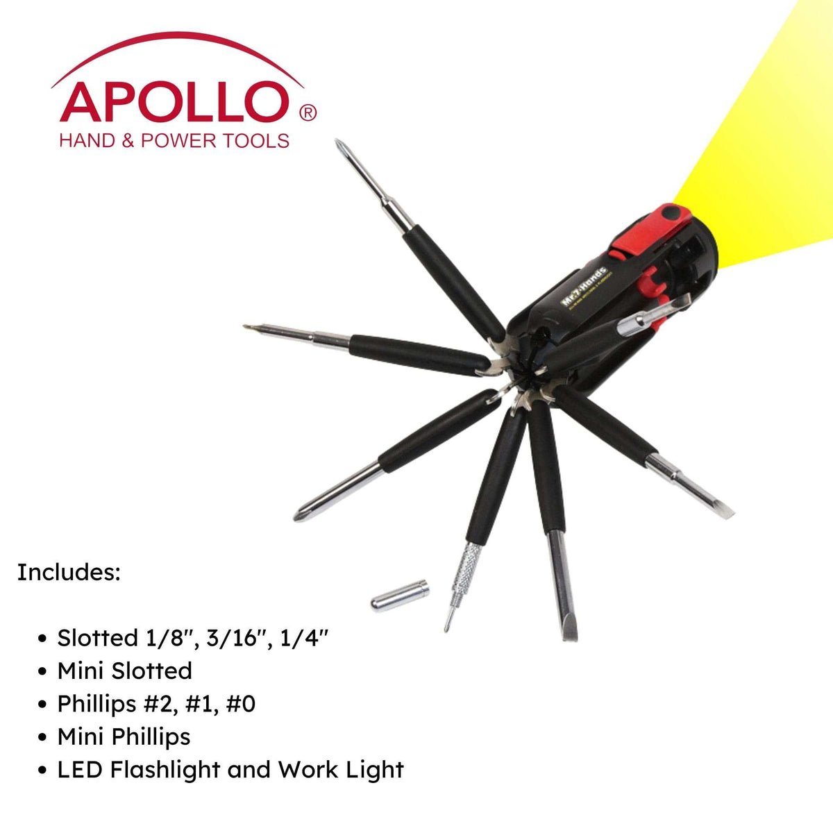 Compact Mr. 7-Hands multi-screwdriver with 8 tips and LED flashlight by Apollo Tools
