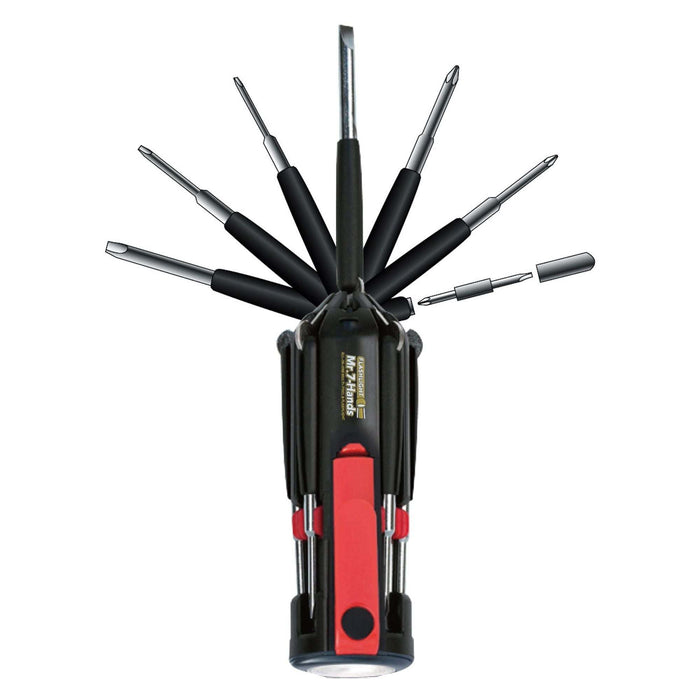 Compact Mr. 7-Hands multi-screwdriver with eight tips and built-in LED flashlight