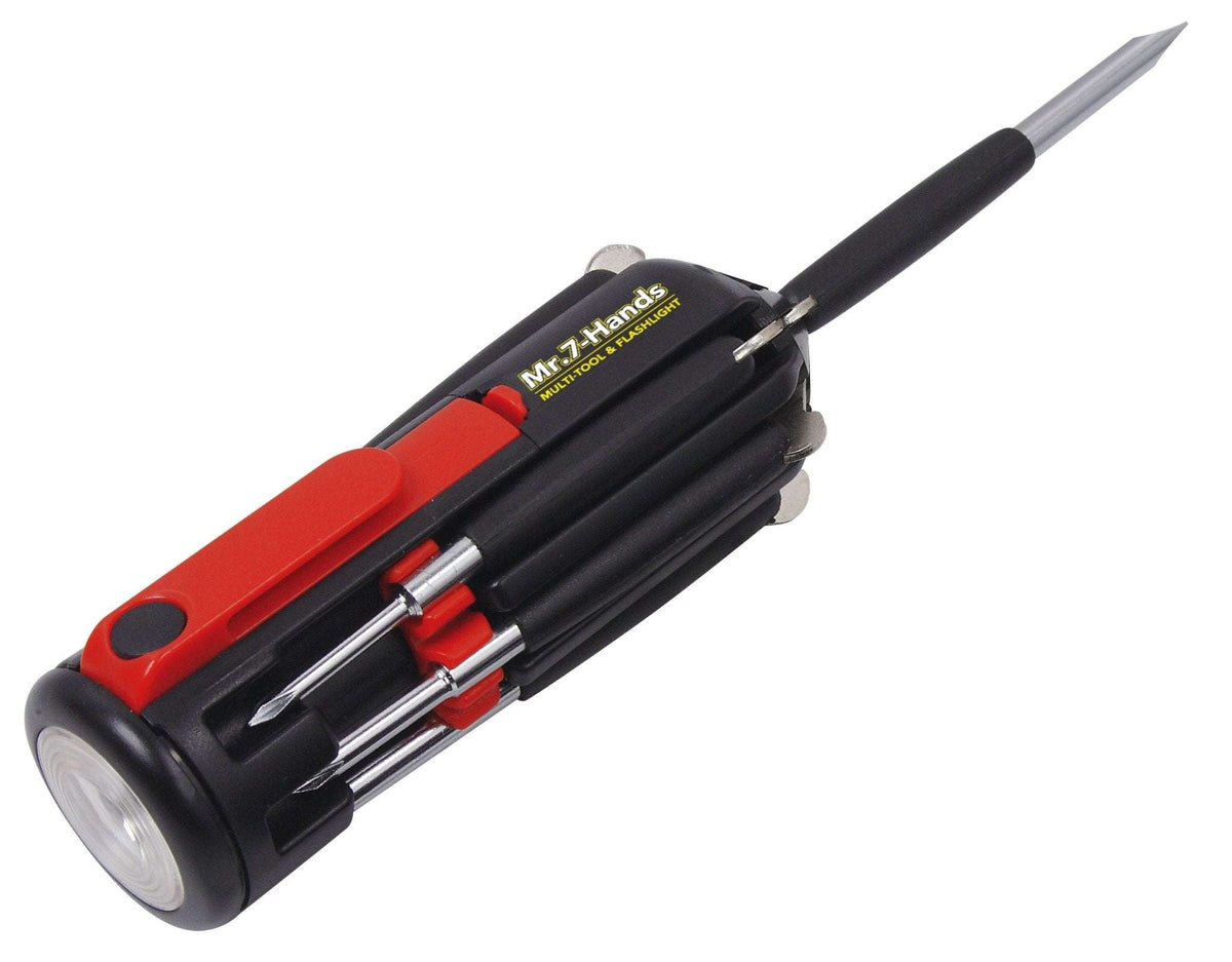 Compact Mr. 7-Hands multi-screwdriver with eight tips and built-in LED flashlight