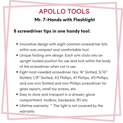 Compact Mr. 7-Hands multi-screwdriver with 8 bits and LED flashlight in folded and unfolded positions