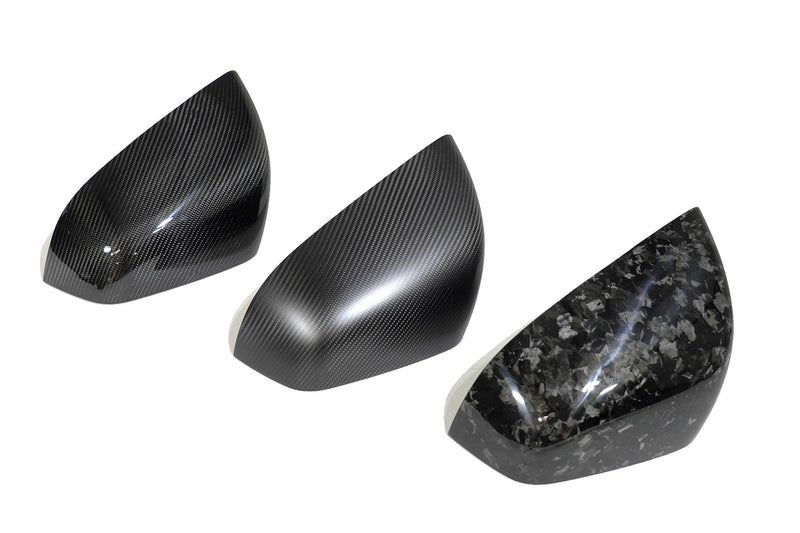 Tesla Model X dry carbon fiber mirror covers by FYBR Aerodynamics in gloss finish, OEM overlay design