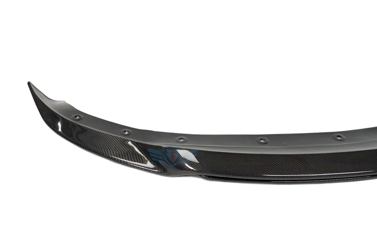 Tesla Model 3 with FYBR ATS style genuine carbon fiber front lip in green wrap