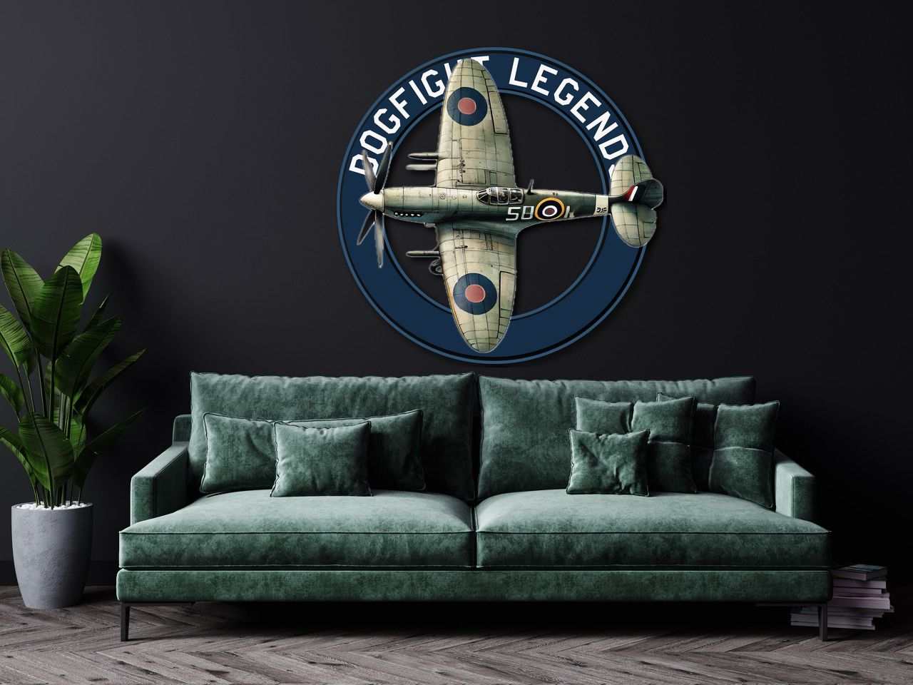 Multicolor metal sign featuring Spitfire dog fight airplane design mounted on dark wall above green couch