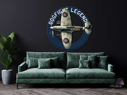 Multicolor metal sign featuring Spitfire dog fight airplane design mounted on dark wall above green couch