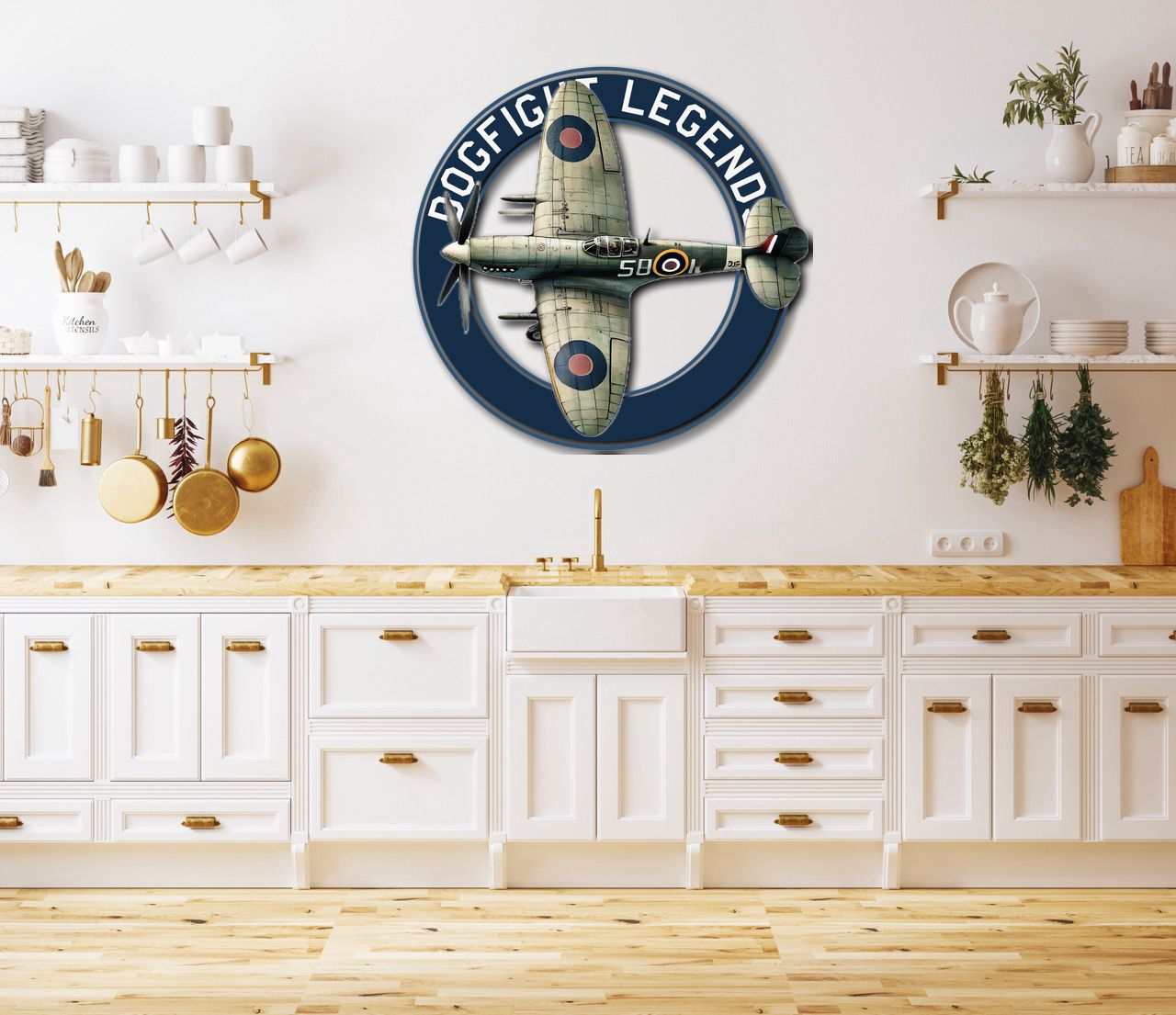 Multicolor metal sign featuring a Spitfire airplane with "Dogfight Legend" text mounted on a kitchen wall