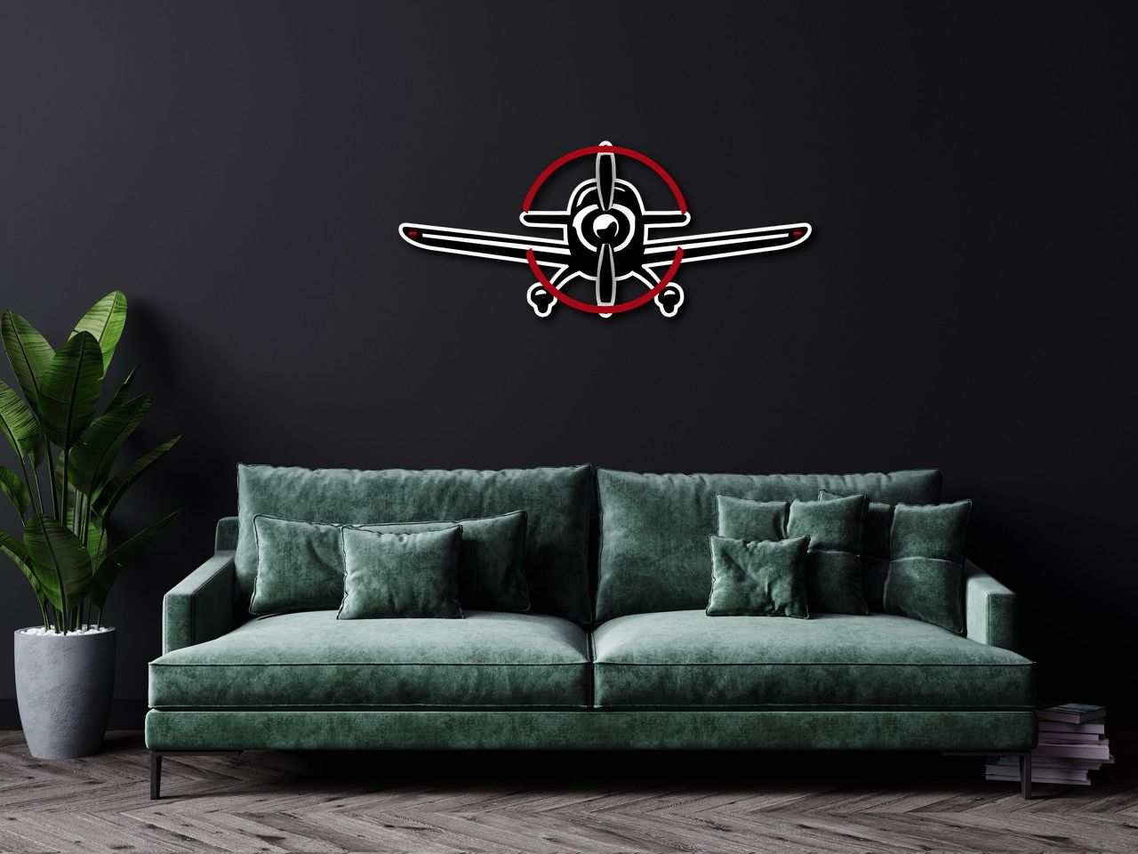 Multicolor metal sign shaped like a propeller plane mounted on dark wall above green velvet sofa in modern living room