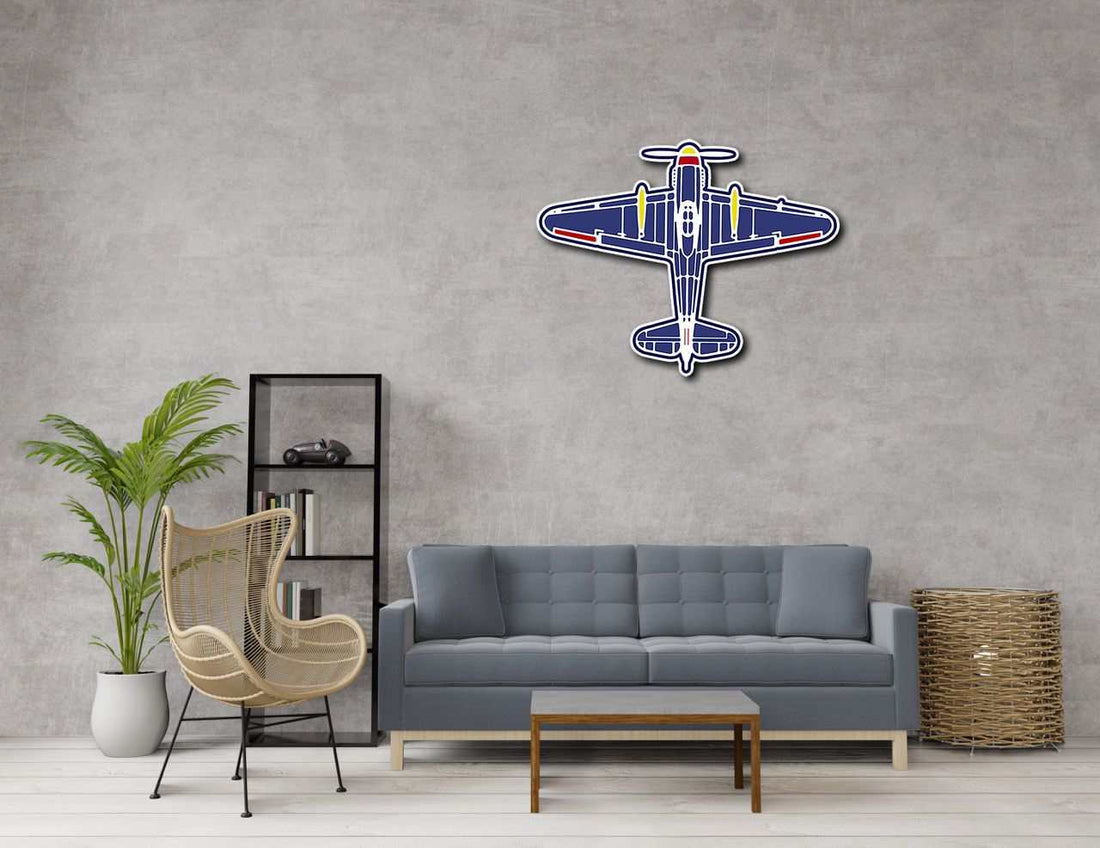 Multicolor metal aviation wall art featuring classic plane design in modern living room setting