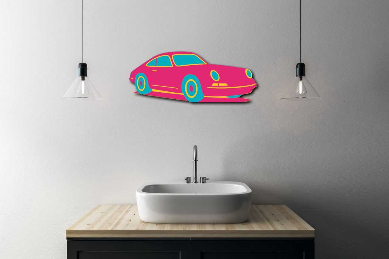 Multicolor metal sign of a sports car wall art above modern sink