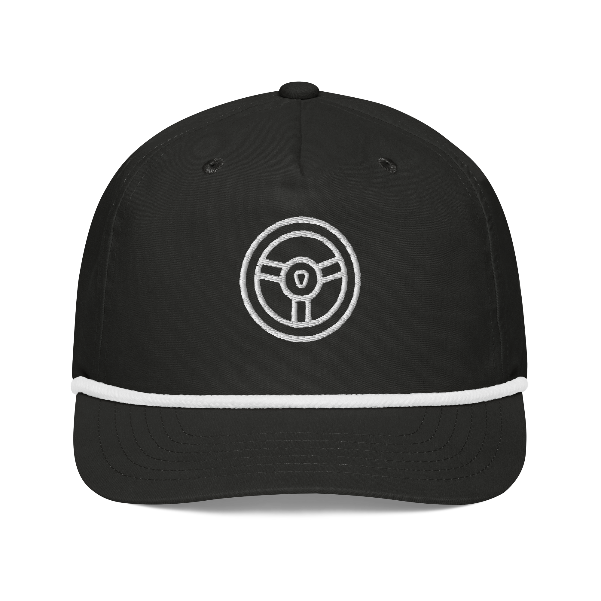 Automotive Hat featuring an embroidered steering wheel design on a black golf rope cap.
