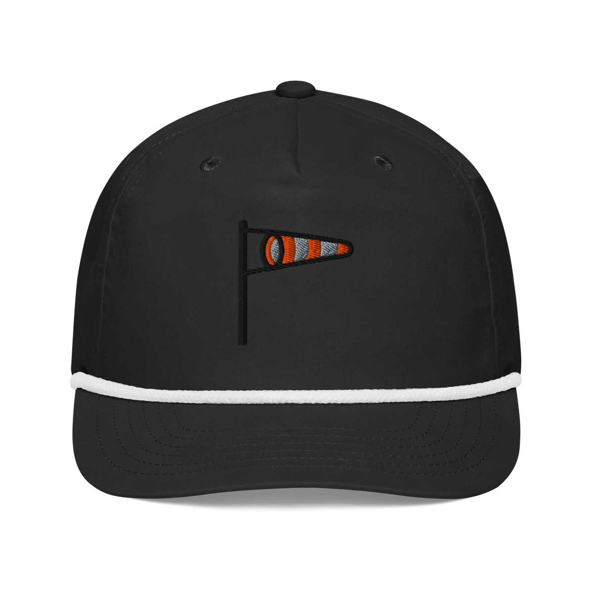 Windsock embroidered rope cap in black with white rope, structured 5-panel snapback, front view