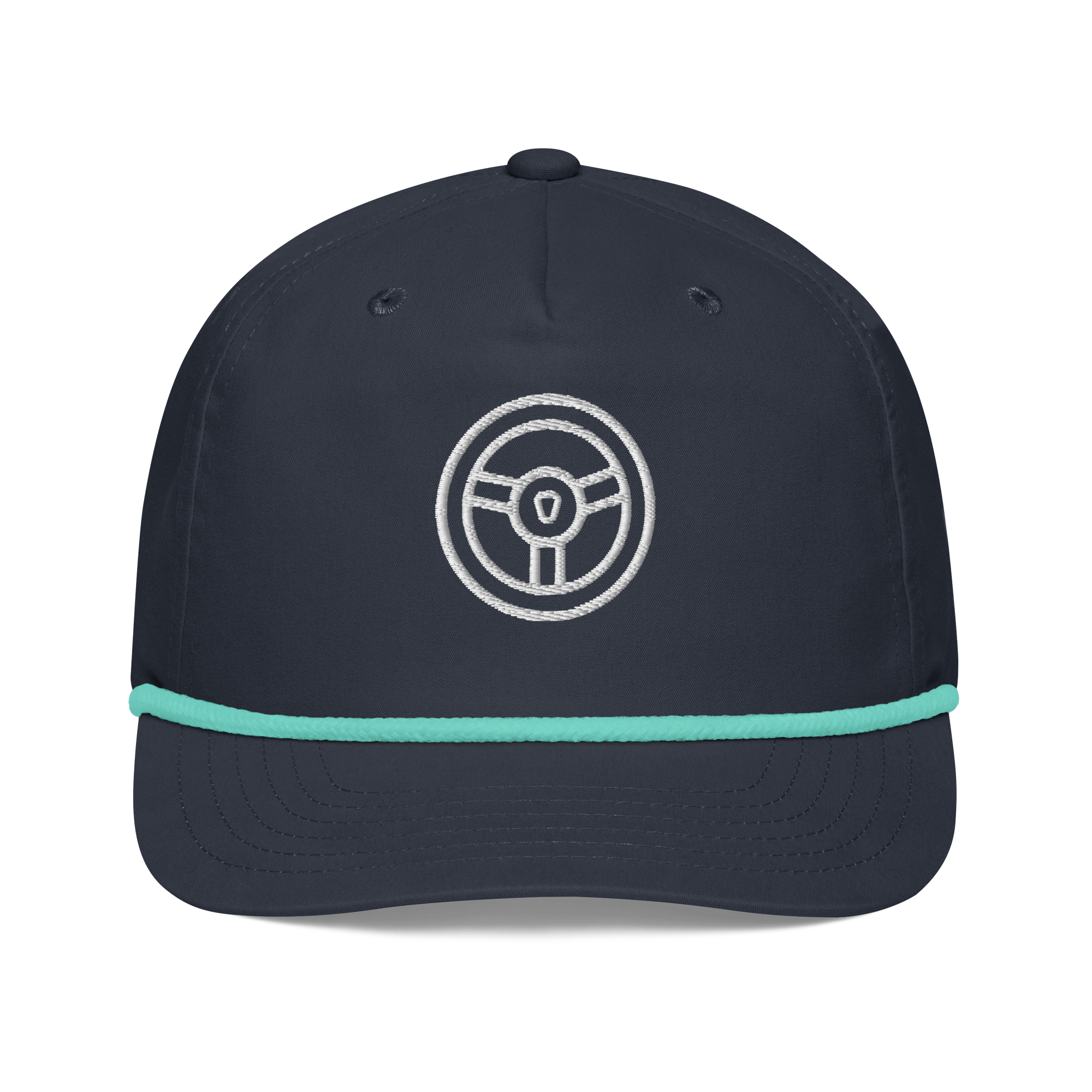 Automotive Hat featuring an embroidered steering wheel design on a classic golf rope cap.