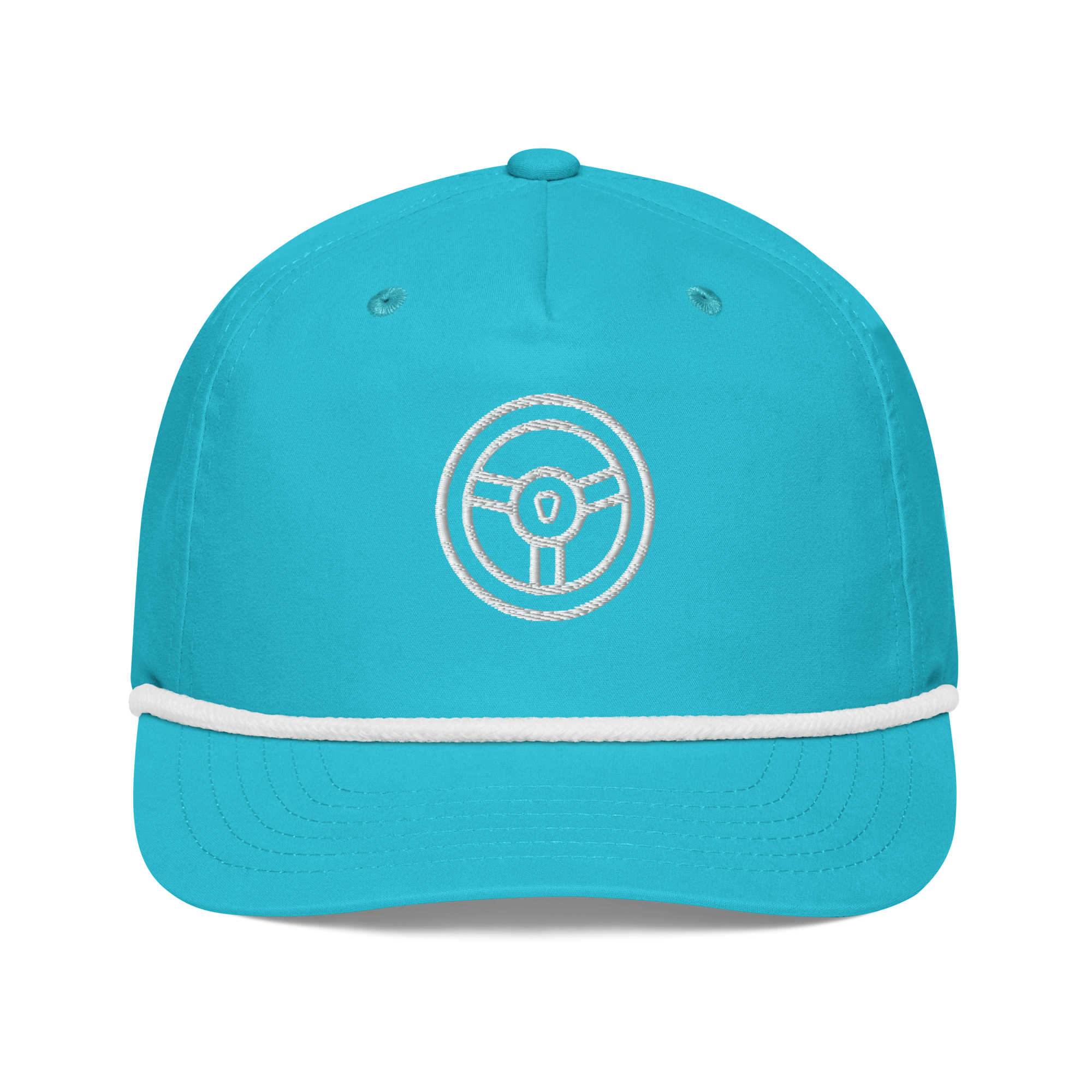 Automotive Hat in turquoise featuring embroidered steering wheel design for car lovers and drivers.