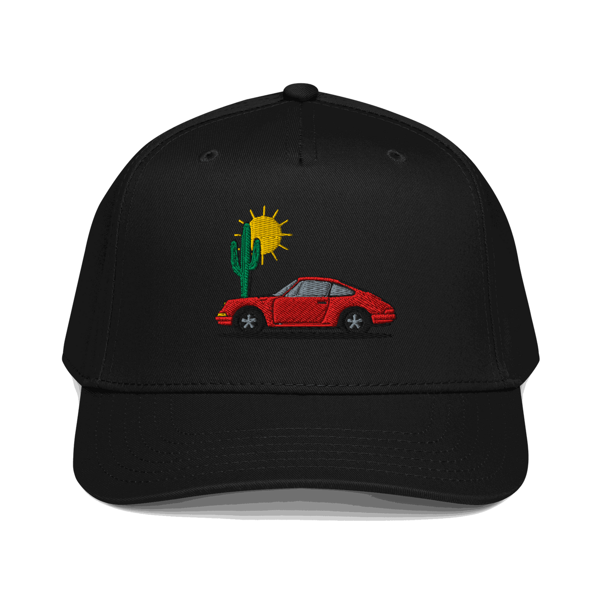 Black Golf Rope Hat with red sports car and desert sunset embroidery