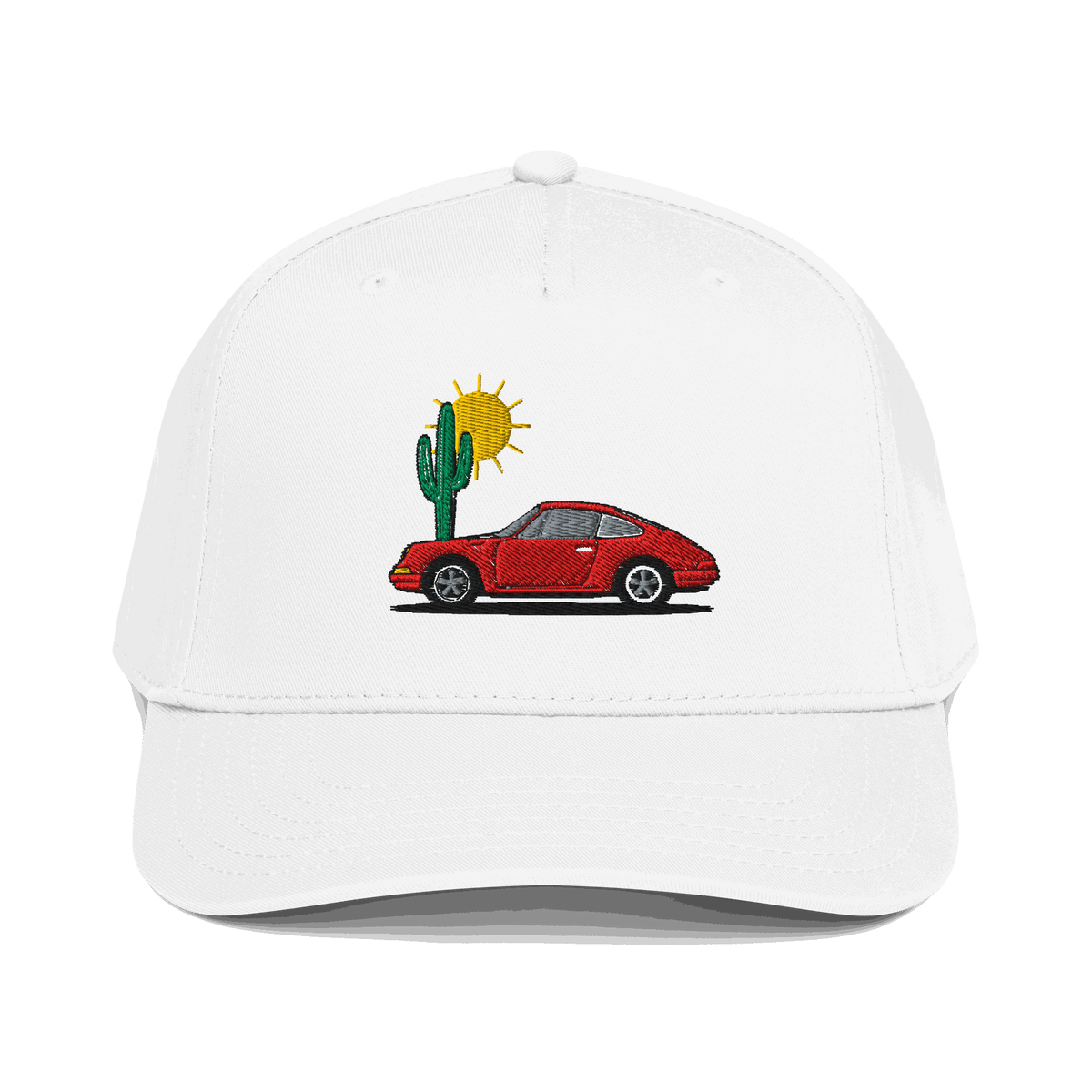 White Golf Rope Hat with red sports car, cactus, and sun embroidery, limited edition design