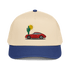 Limited edition golf rope hat with red sports car and sunset embroidery, beige crown, and blue brim