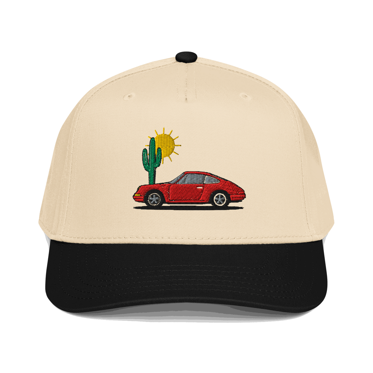 Limited edition Golf Rope Hat with red sports car and cactus embroidery, beige crown and black brim.