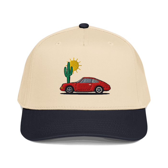 Limited edition beige and black golf rope hat with embroidered red sports car, cactus, and sun design