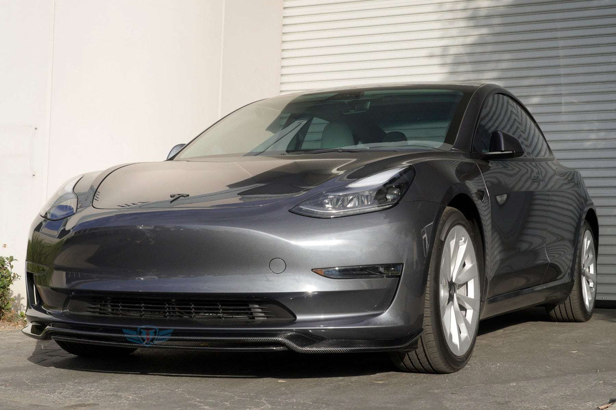 Tesla Model 3 with FYBR ATS style genuine carbon fiber front lip installed