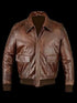 A2 aviator bomber jacket in distressed brown leather with a shirt-style collar and rib-knitted hemline.