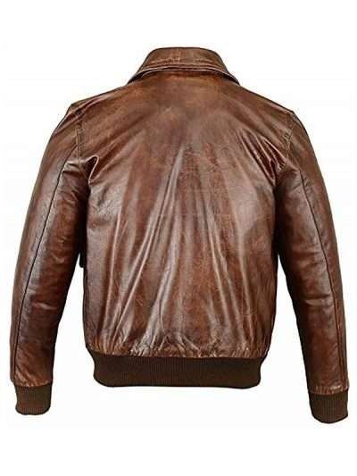 Back view of A2 aviator bomber jacket in distressed leather, featuring rib-knitted hemline and a shirt style collar.