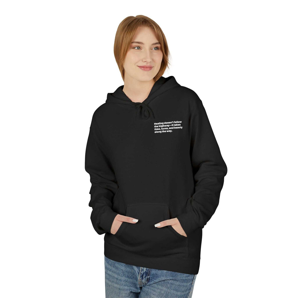 Inspirational travel hoodie cozy midweight fleece with relaxed fit and pouch pocket
