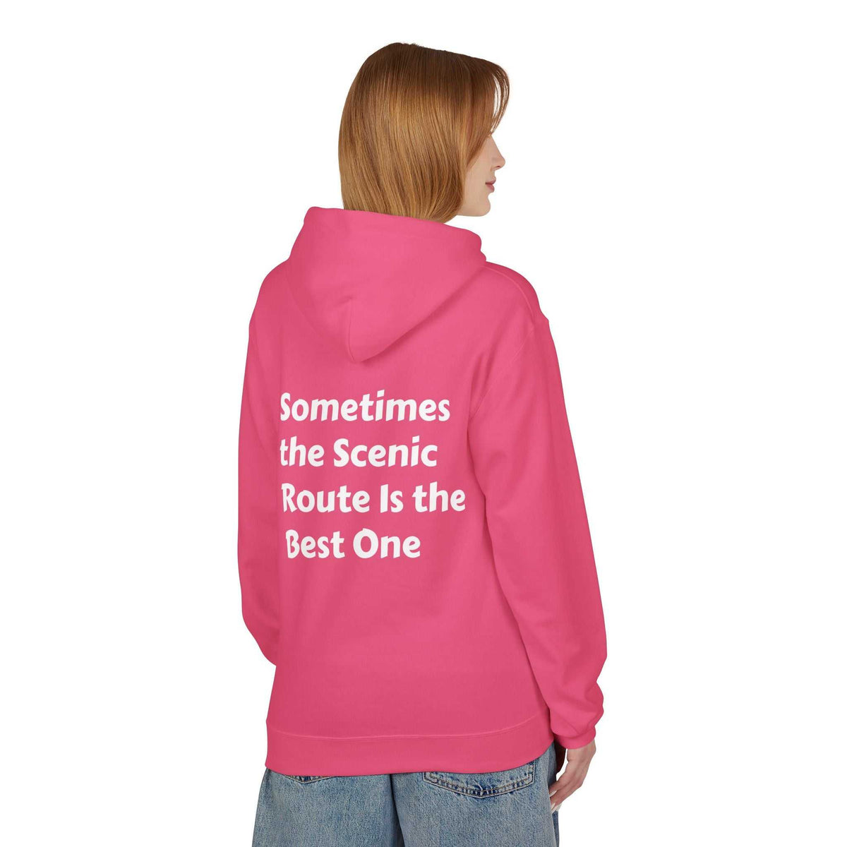 Inspirational travel hoodie cozy midweight fleece with dropped shoulders and pouch pocket