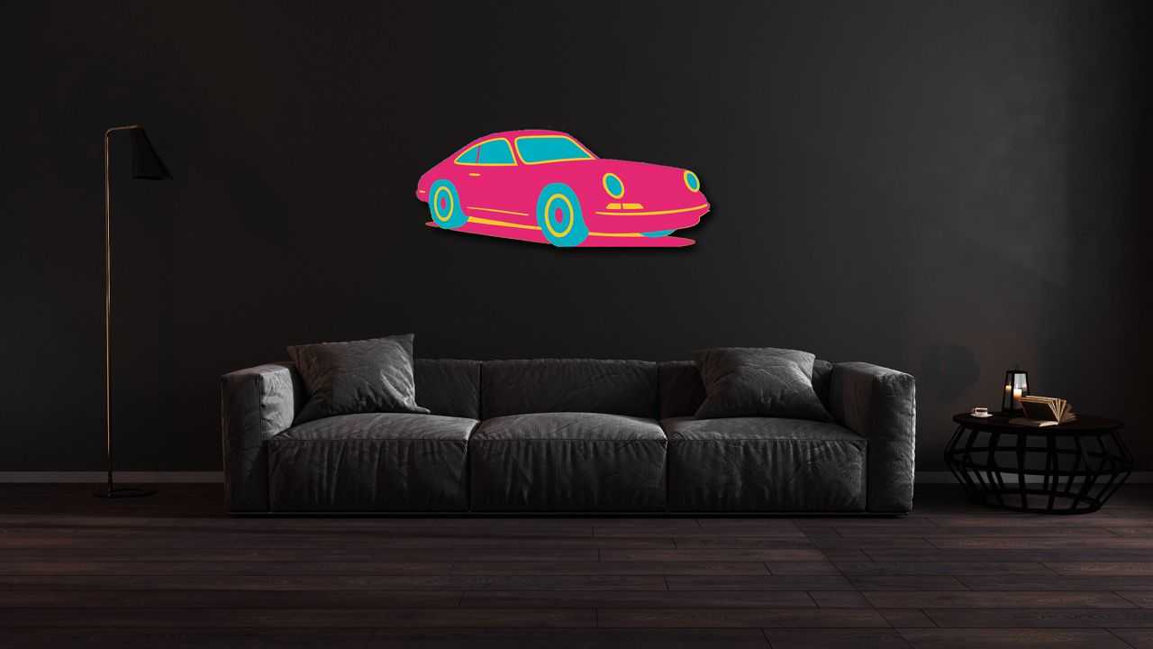 Multicolor metal sign of a sports car wall art in modern living room