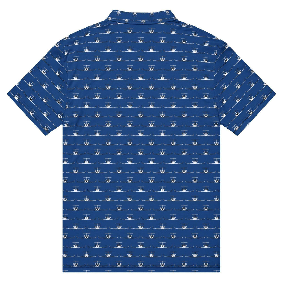 Back view of Jet Pilot polo shirt in blue with white jet pilot pattern and classic collar