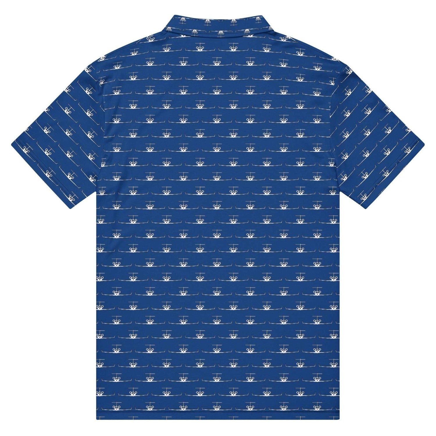 Back view of Jet Pilot polo shirt in blue with white jet pilot pattern and classic collar