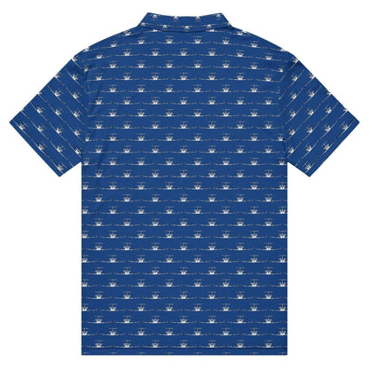 Back view of Jet Pilot polo shirt in blue with white jet pilot pattern and classic collar