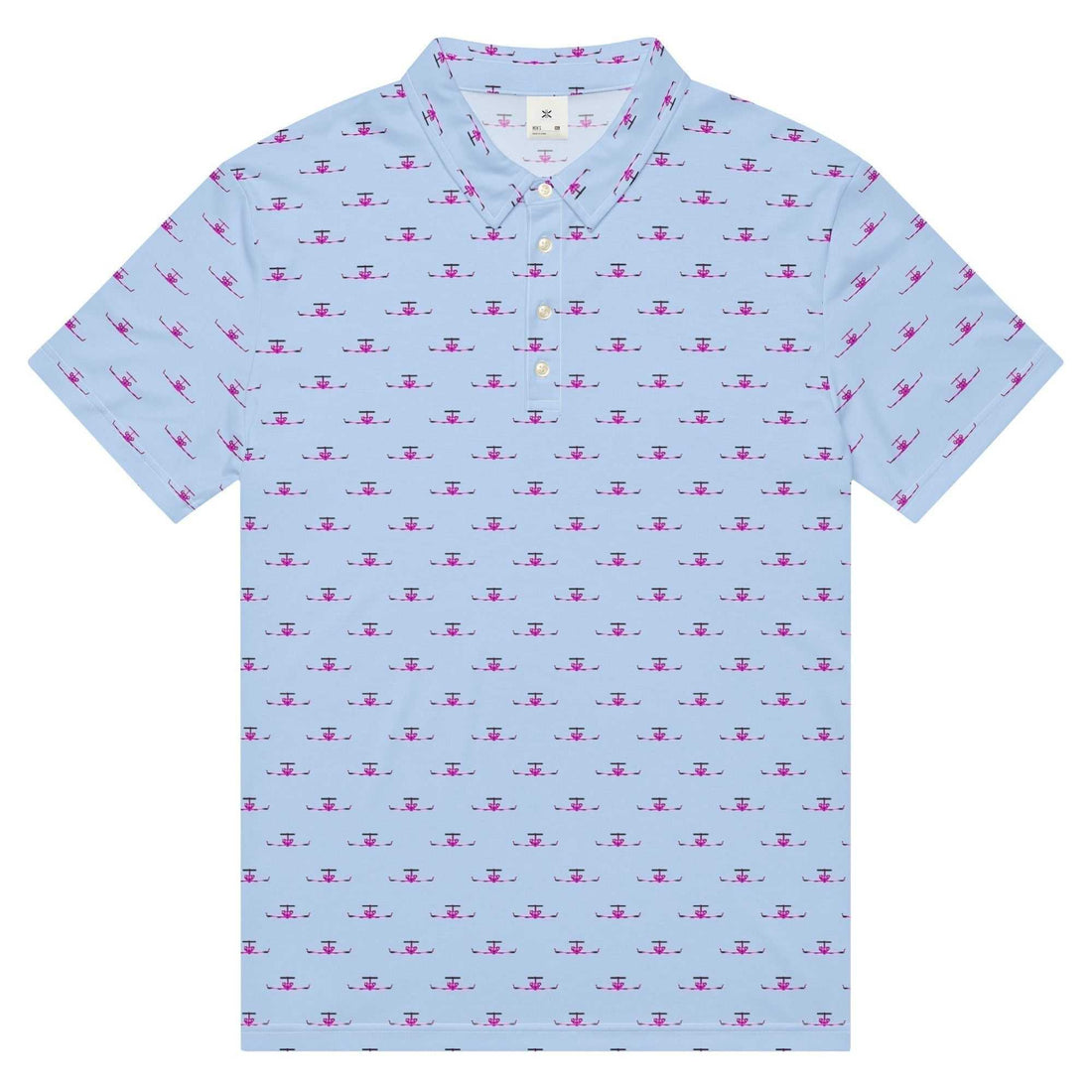 Jet slim fit polo in light blue with pink pattern, breathable stretchy fabric, slim fit short sleeve shirt