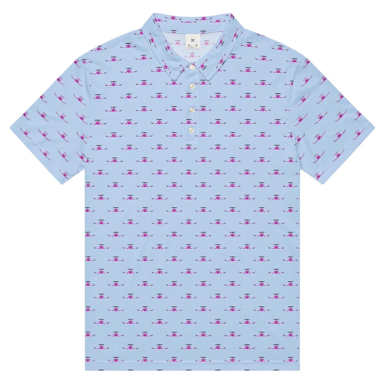 Jet slim fit polo in light blue with pink pattern, breathable stretchy fabric, slim fit short sleeve shirt