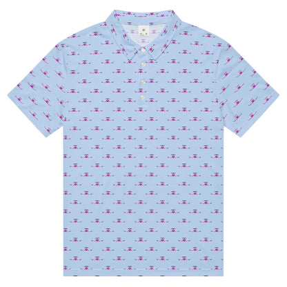 Jet slim fit polo in light blue with pink pattern, breathable stretchy fabric, slim fit short sleeve shirt