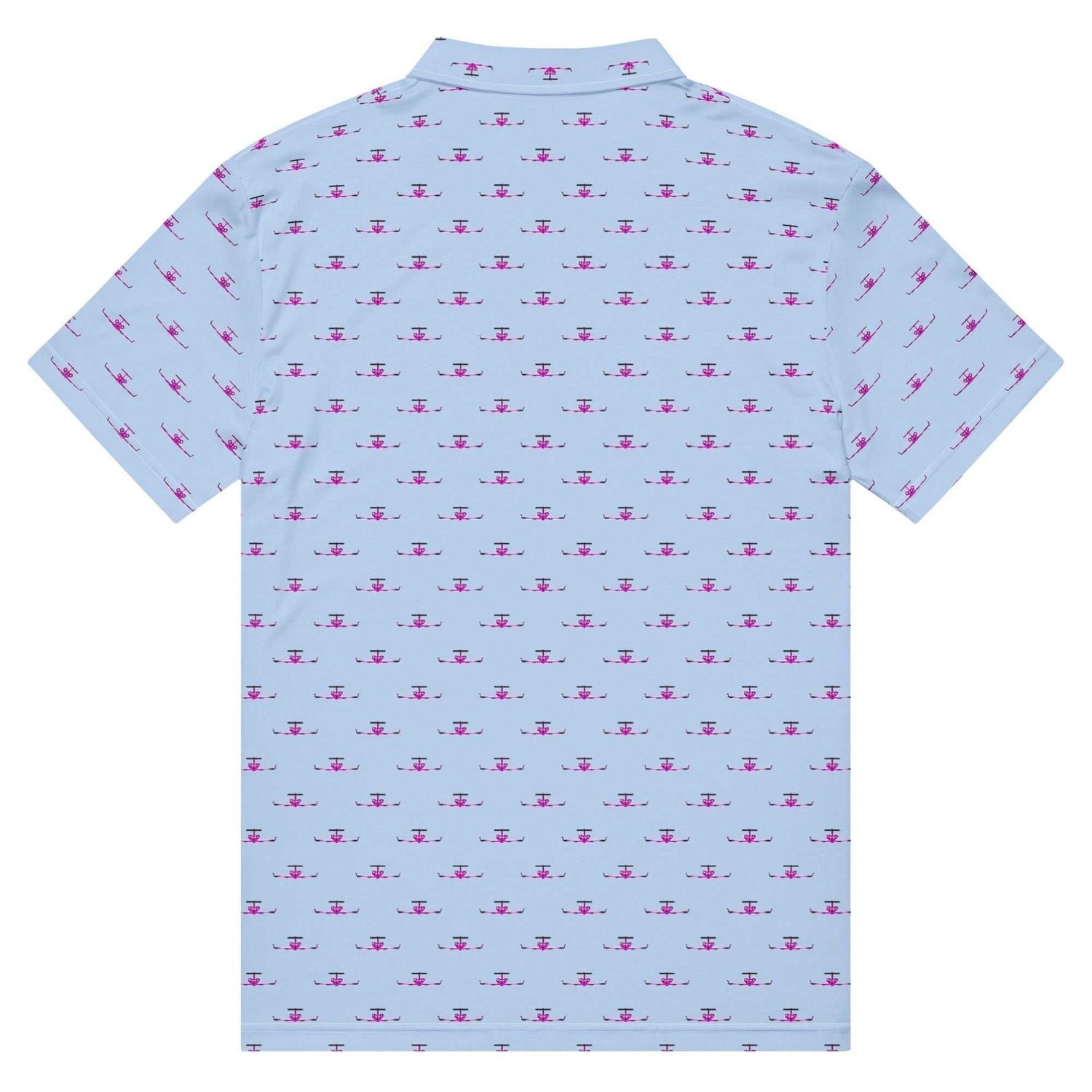 Jet slim fit polo shirt in light blue with pink pattern, slim fit, lightweight breathable fabric, white button placket, short sleeves, back view
