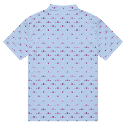 Jet slim fit polo shirt in light blue with pink pattern, slim fit, lightweight breathable fabric, white button placket, short sleeves, back view