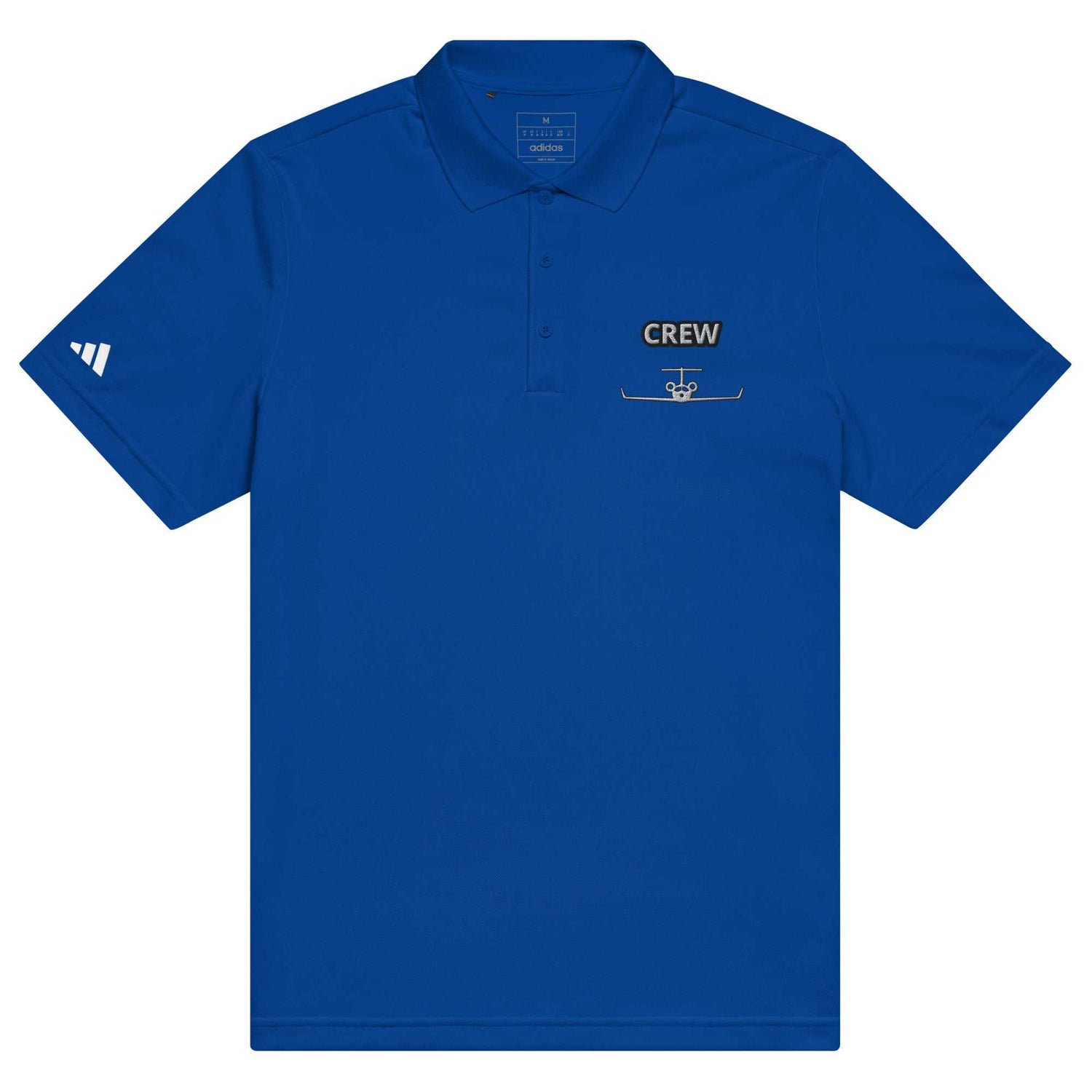 Blue Jet Set Crew Adidas sport polo made from 100% recycled polyester with hydrophilic finish and logo on sleeve