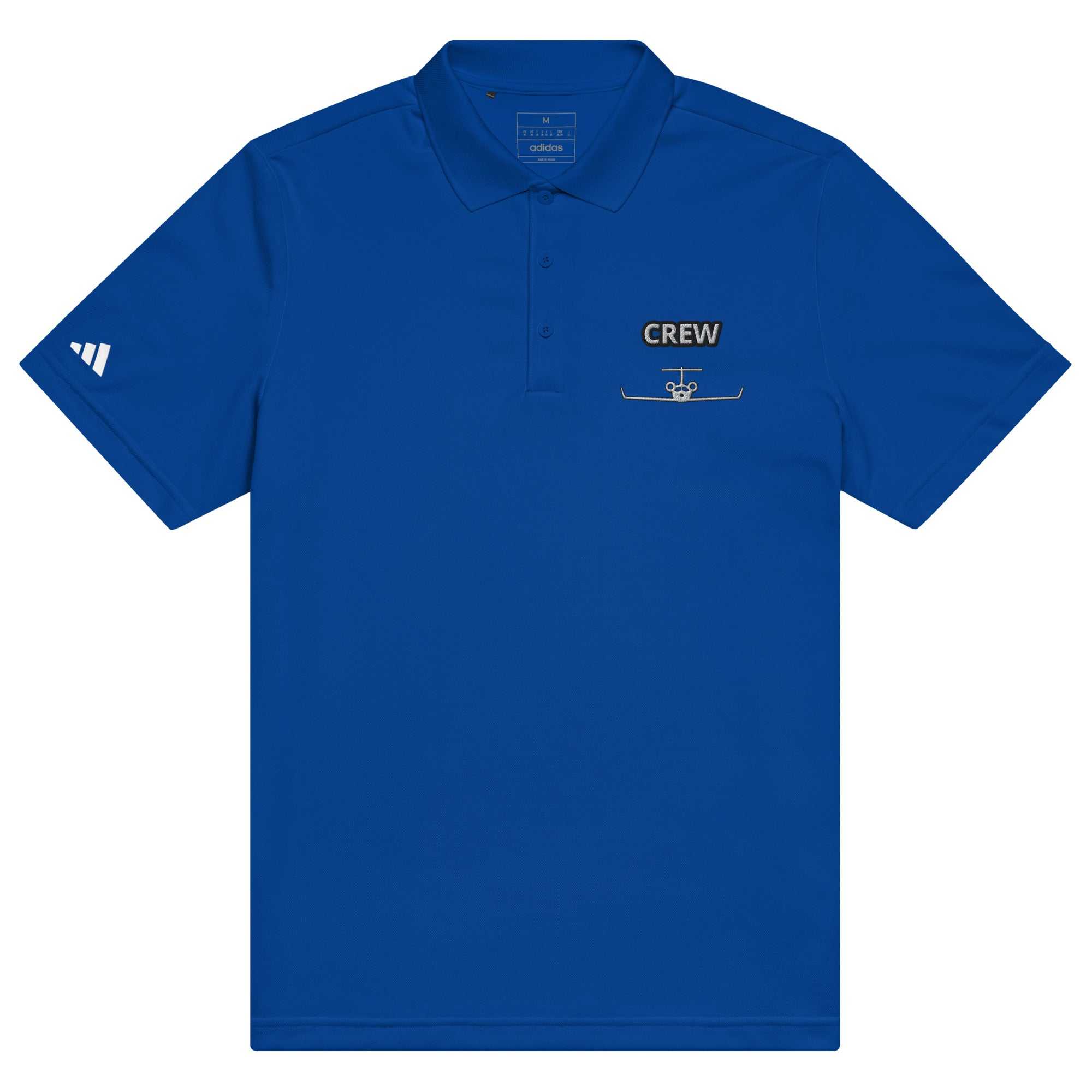 Blue Jet Set Crew Adidas sport polo made from 100% recycled polyester with hydrophilic finish and logo on sleeve