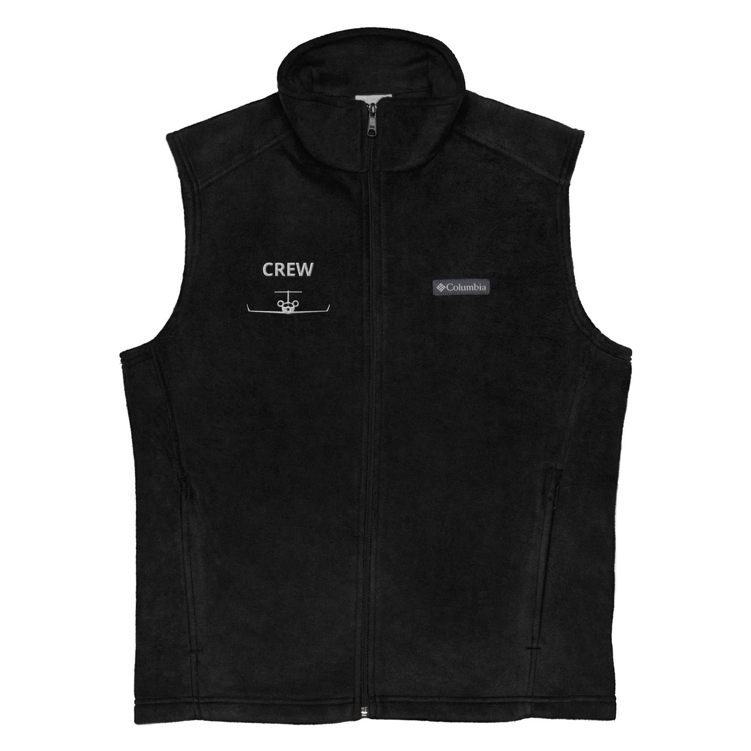 Black Columbia fleece vest with zippered pockets and crew logo on front for men
