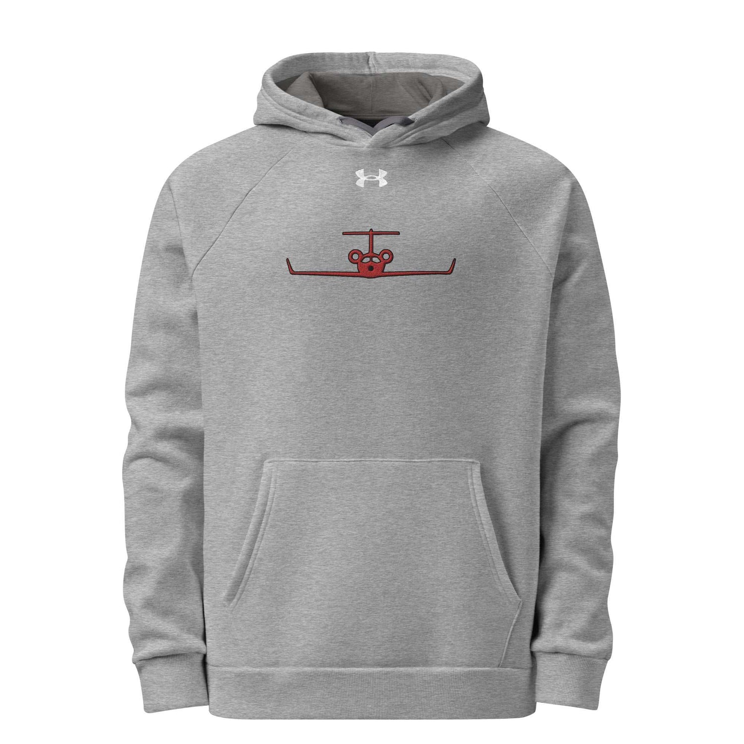 Jet Set Limited gray fleece hoodie with red airplane design and front pouch pocket