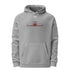 Jet Set Limited gray fleece hoodie with red airplane design and front pouch pocket