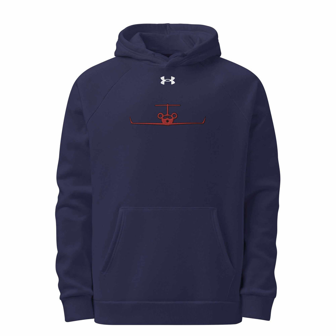 Jet Set Limited navy blue fleece hoodie with front pouch pocket and embroidered Under Armour logo